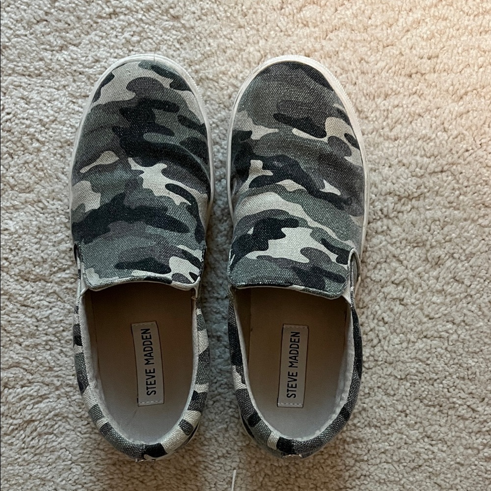 Steve Madden Camouflage Canvas Slip-Ons in Olive, Black, Cream